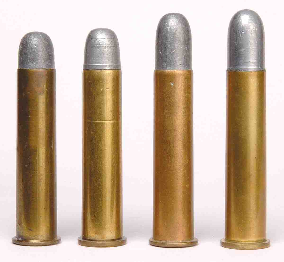 Left to right: post-1881 .45 Government with 405-grain bullet, a handload with Lyman bullet 457124 (395 grains), a .45 Government with a 500-grain bullet and a handload with Lyman bullet 457125 (520 grains).